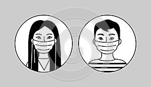 People Wearing Face Mask, Asian Man And Woman. Black And White Vector Pictogram, Simple Flat Icon. Medical Respirators
