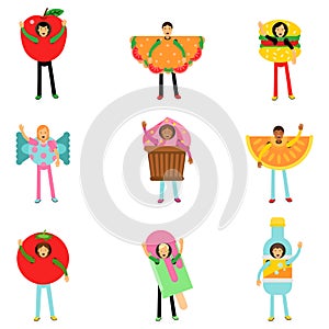 People wearing fast food healthy snacks costumes set, men and women advertising menu of restaurants and cafes colorful