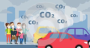 People wearing protective mask cars emits co2 air pollution ecology concept