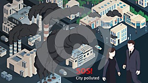People wearing protective masks in polluted with chimneys smoke industrial smog vehicles exhaust emission city illustration