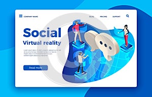 People wearing virtual headset. Isometric augmented future, woman and man in goggles vector illustration