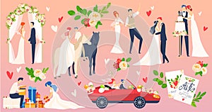 People wedding, marriage vector illustration flat set, cartoon newlyweds character on romantic wedding ceremony scene