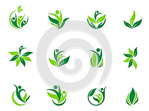 People wellness logo health care nature leaf sun symbol vector icon design.