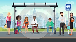 People were sitting at the modern bus stop. Vector illustration.