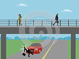 People were walking across the overpass. The man was hit by a car because he didn`t cross the overpass.