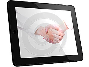 People in white handshaking on Tablet