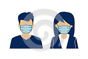 People in white medical face mask. Concept of coronavirus quarantine. Man and Woman in medical face protection mask.