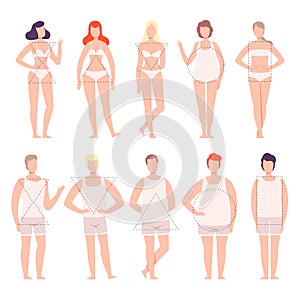 People in White Underwear Set, Five Types of Male and Female Body Shapes, Hourglass, Inverted Triangle, Round, Rectangle