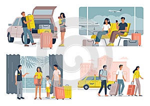 People who are happy to settle down at the destination. Concept of tourism, journey, trip. Set of vector flat