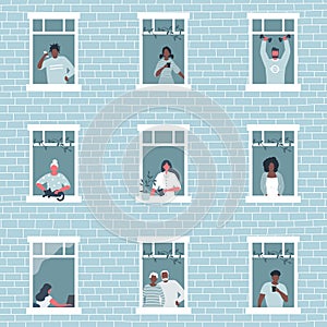 People at the window in blue house. Black and white people. Neighbors. No face people. Stay at home concept