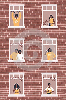 People at the window in brown house. Black people. Neighbors. Stay at home concept