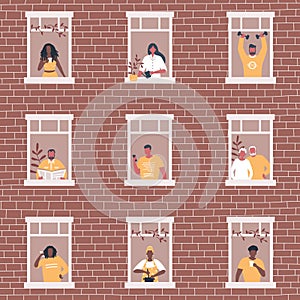 People at the window in brown house. Black and white people. Neighbors. Stay at home concept