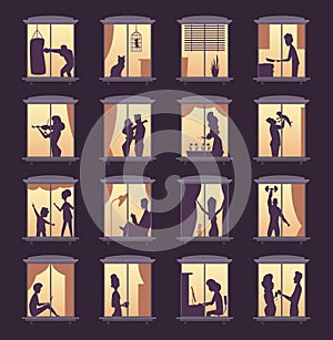 People window silhouettes. Lighting in night house tower apartment buildings vector person silhouettes