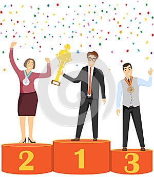 People are winners. People stand on the podium with awards and trophies. Vector illustration