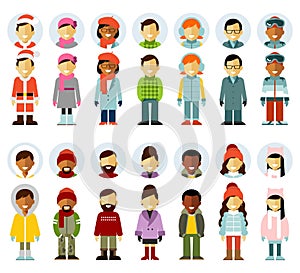 People winter characters stand set and avatars in flat style isolated on white background