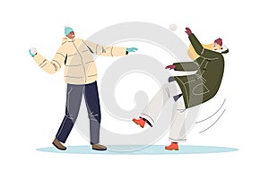 People in winter clothing playing snowballs. Young man and woman snow ball fight