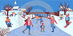 People in winter park. Men and women skating on ice of frozen river. Cute children sledding and making snowman, adult