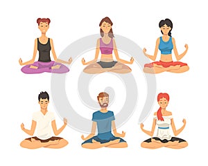 People woman practicing meditation and yoga set. Young men and women sitting in lotus position. Meditation and healthy