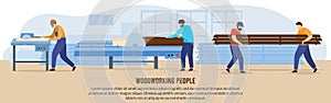 People woodworking vector illustration, cartoon flat woodworker characters working with circular saw equipment in photo