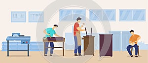 People woodworking vector illustration, cartoon flat woodworker man character repairing wood home furniture, handyman