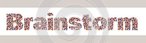 Large group of people forming Brainstorm word.