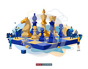 People work. Business strategy. Teamwork and competition. Chess game. Chess pieces. Template for your design works. Vector graphic