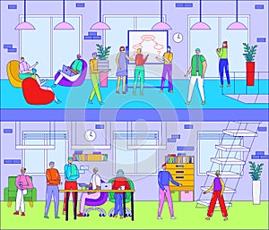 People work in cafe, co working space vector illustration. Cartoon line business man woman group of characters meeting