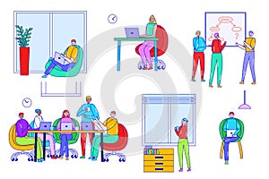 People work, co working space vector illustration, cartoon line business man woman characters working on modern office