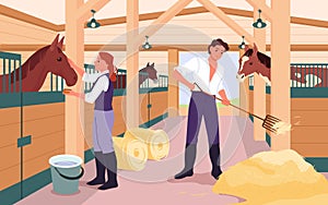 People work in equine stable for horses, stallions, inside scene, woman man feed animals