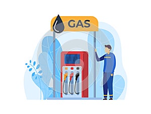 People work in gas station vector illustration, cartoon flat worker character working for filling up fuel into car icon