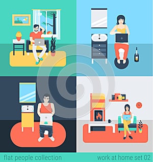 People work at home in freelance vector flat concept