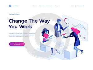 People work and interact with graphs. Business and office situations. Landing page template. 3d vector isometric illustration.
