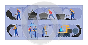 People work in mine industry vector illustration, cartoon flat miner characters working in underground tunnels, mining