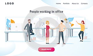 People work in a office and interact with devices. Business, workflow management and office situations. Landing page