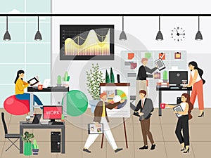 People work in office vector illustration. Team of employees work in business interior. Modern office workplace concept