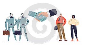 People work with robots. Human and robotic collaboration with handshake of businessman and ai cyber