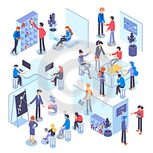 People work in a team and achieve the goal. Business processes and office situations. Isometric illustration.