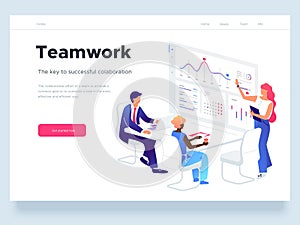 People work in a team and interact with graphs. Business, workflow management and office situations. Landing page