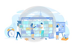 People work together filling out the schedule, set tasks and reminders. Planning schedule. Online web page interface planner