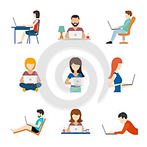 People working on computer flat icons