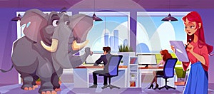 People working on computers, elefant in office