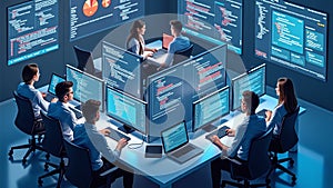 People Working at Desks with Computer Monitors Displaying Code