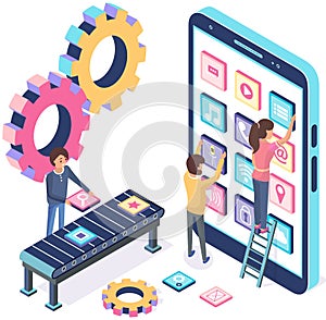 People working with development of mobile program for smartphone, application for electonic device