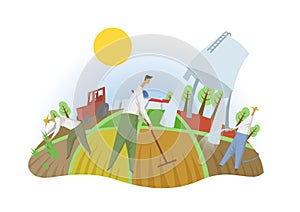 People working in the field, fisheye view. Farming, ecotourism, kibbutz. Colorful flat vector illustration. Isolated on photo