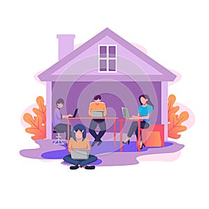 people working from home. remote job. freelancer activity. flat vector style illustration design