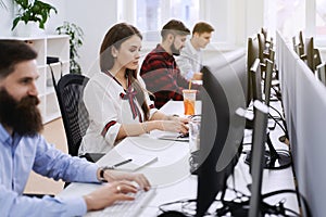 People working in modern IT office. Group of young and experienced programmers and software developers sitting at desks