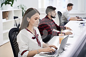 People working in modern IT office. Group of young and experienced programmers and software developers sitting at desks