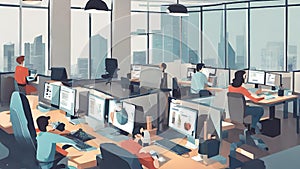 People working in an office in front of a computer screen