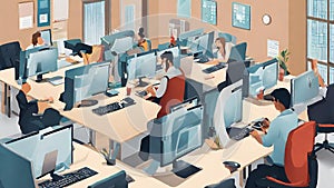 People working in an office in front of a computer screen