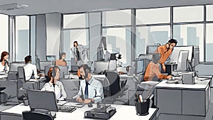 People working in an office in front of a computer screen